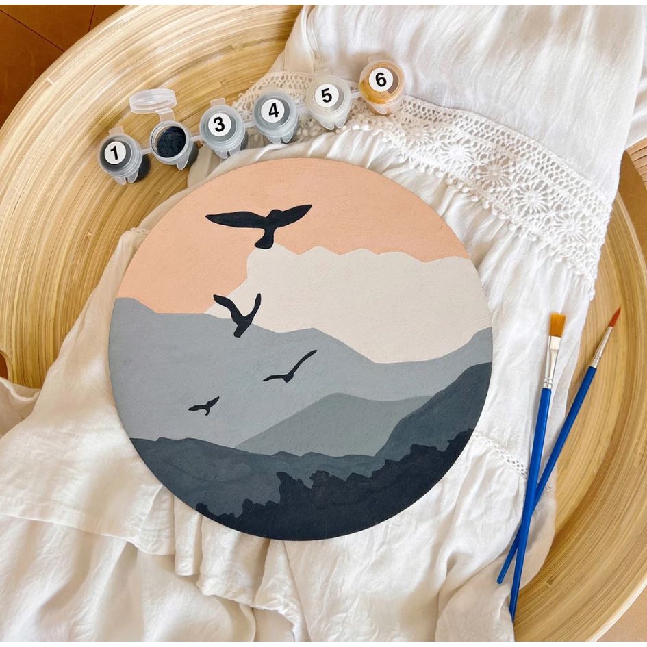 Tranh tô màu theo số chủ đề thiên nhiên d20cm, có dây da treo tranh decor, tranh Vuoongdecor.