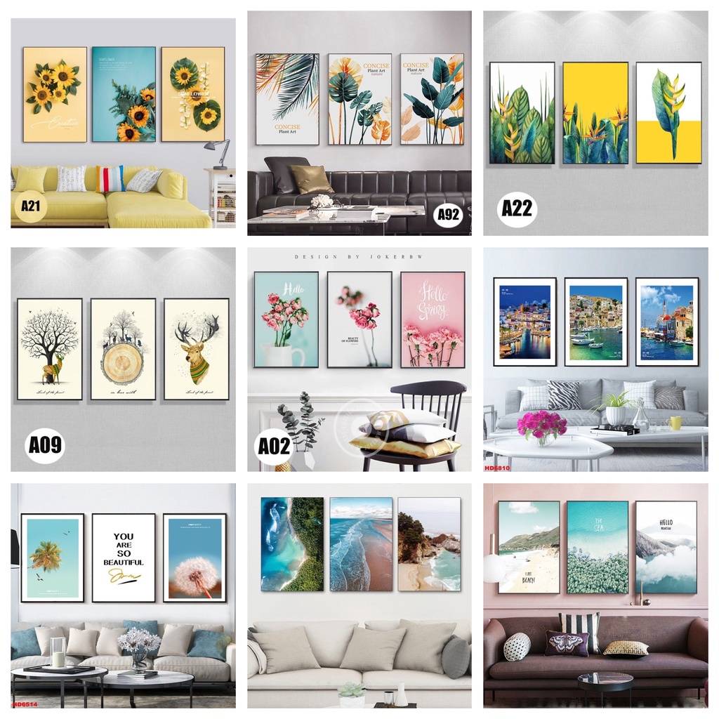 (LOẠI 1) Tranh 3 chữ nhật treo tường trang trí hiện đại decor chất liệu canvas (tặng đinh 3 chân đính kèm) - Hot trend