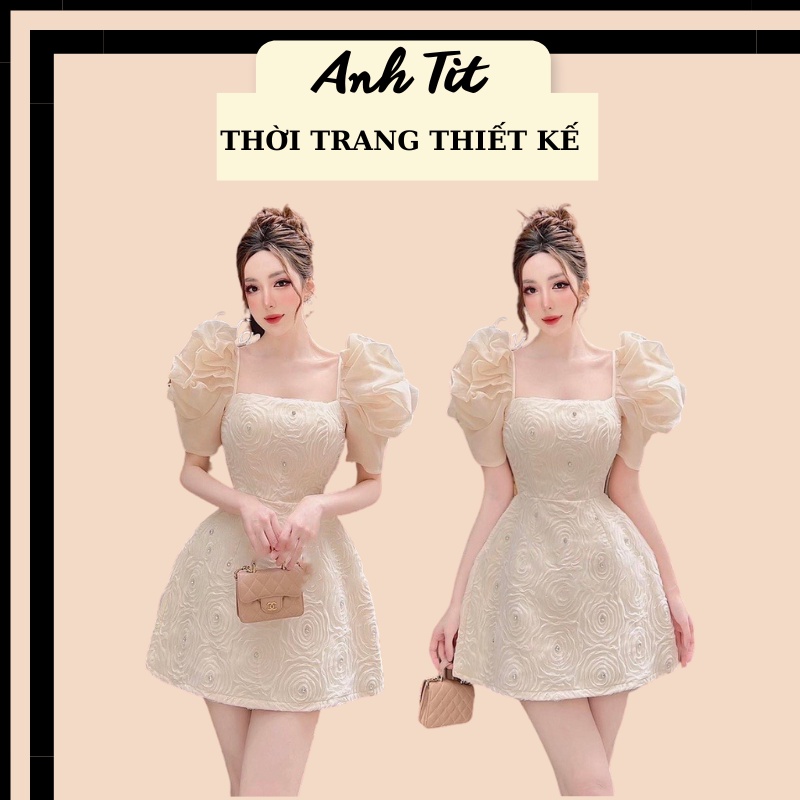 Đầm Đi Tiệc Dáng Ngắn Tay Xoè Xếp Ly Hoa Nổi, Váy Nữ Cổ Vuông Tay Bồng Đính Đá Siêu Xinh - Anh Tít Boutique