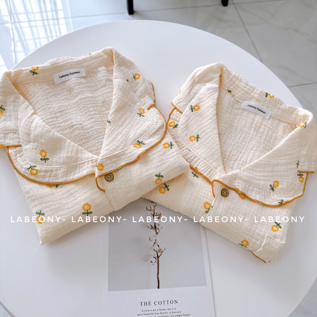 Đồ bộ nữ mặc nhà Pyjama hoa mai bèo nhún ngắn dài muslin Hàn Labeony