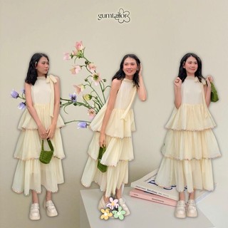  Váy đầm maxi voan dáng yếm hở lưng dài xòe bồng bềnh 3 tầng phối bèo sát nách cổ yếm  siêu xinh Lorder By Gum Tailor 