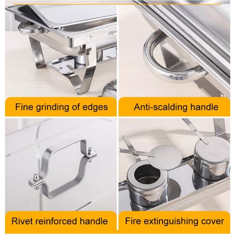 Nồi hâm buffe buffet chữ nhật nắp rời inox dùng cồn - dung tích 9 lít - chân gấp tiện lợi - hâm búp phê
