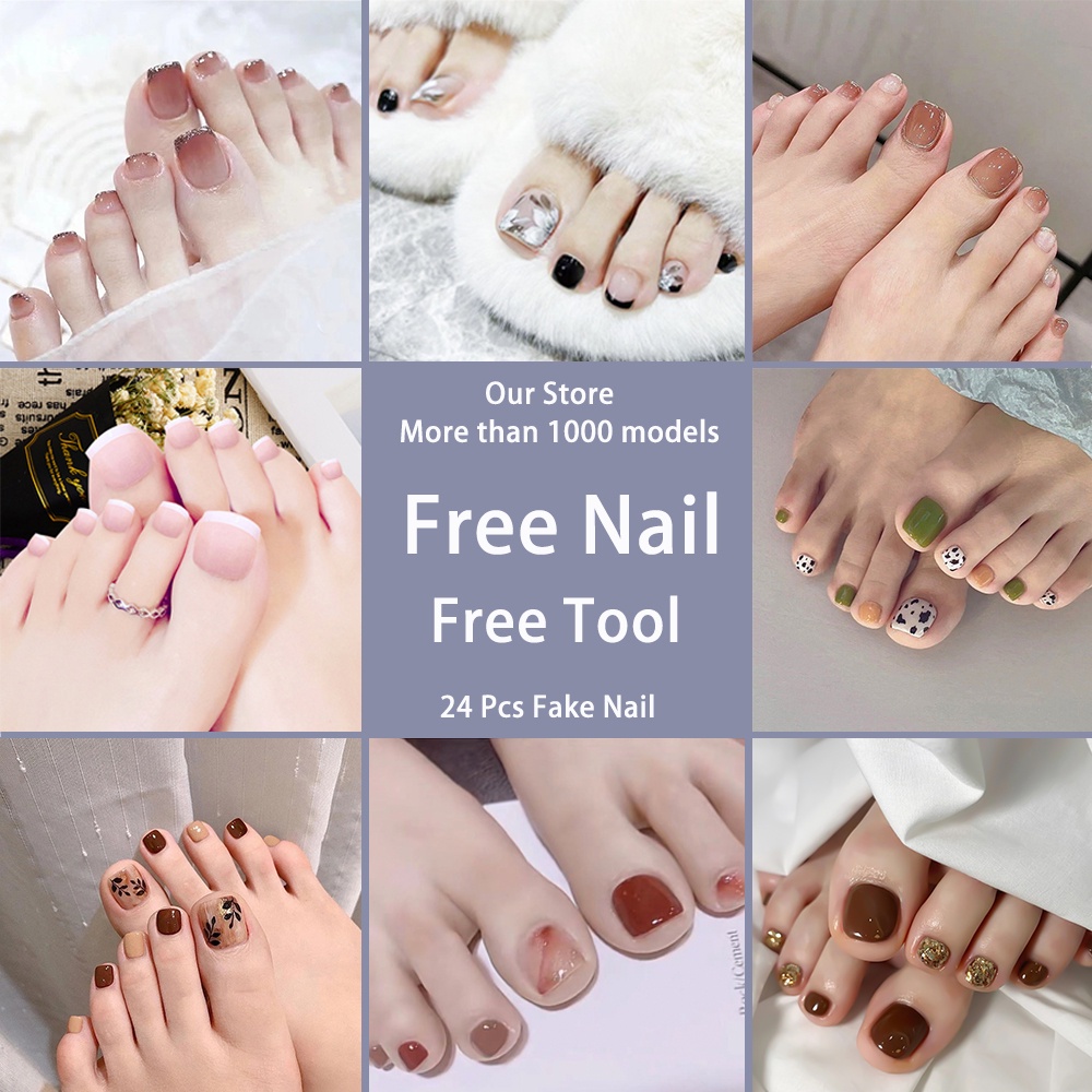 set 24 móng tay giả móng chân giả đính đá móng tay giả đính đá bộ móng tay giả Solid colored toenails nails