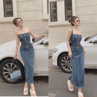 ( Có Ảnh Thật + Loại 1 ) Đầm Ống Jean Denim Dáng Dài Liền Ôm Body Cúp Ngực Hở Vai Sát Nách