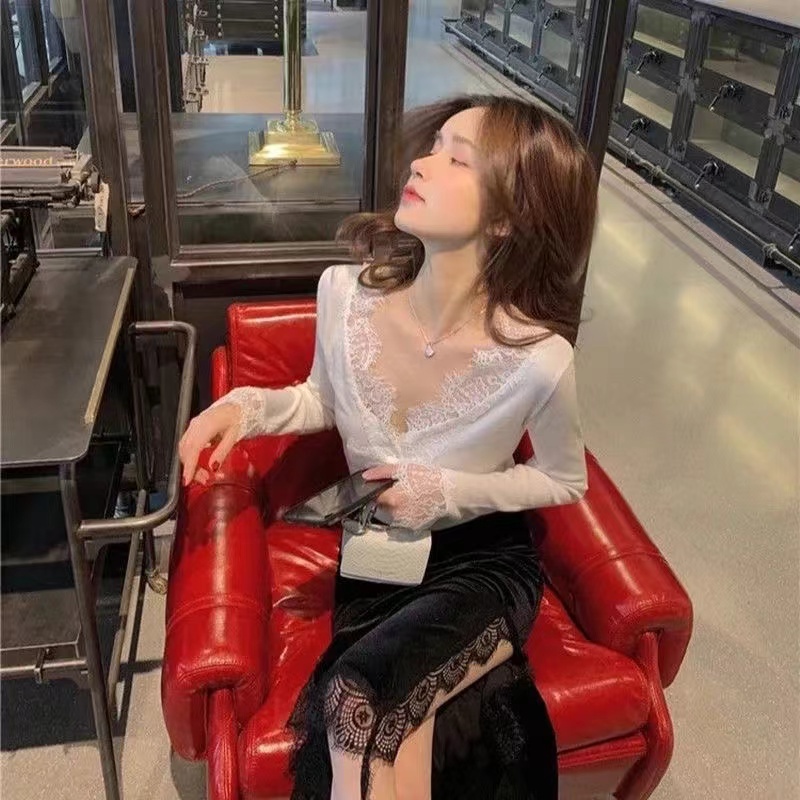 Hàng Có Sẵn!✨Chân Váy Nhung Lưng Cao Co Giãn Phối Ren Thời Trang Thu Đông Kiểu Mới