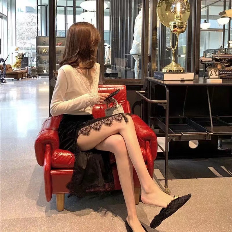 Hàng Có Sẵn!✨Chân Váy Nhung Lưng Cao Co Giãn Phối Ren Thời Trang Thu Đông Kiểu Mới