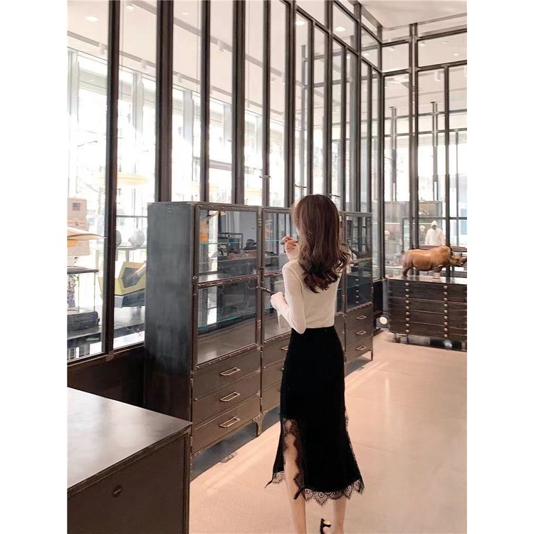 Hàng Có Sẵn!✨Chân Váy Nhung Lưng Cao Co Giãn Phối Ren Thời Trang Thu Đông Kiểu Mới