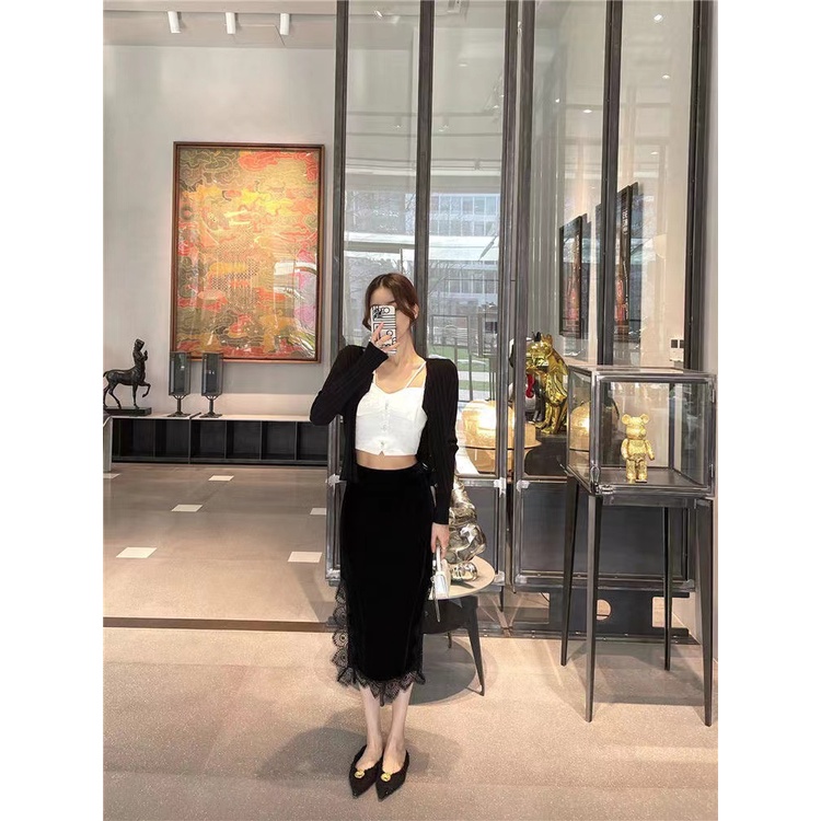 Hàng Có Sẵn!✨Chân Váy Nhung Lưng Cao Co Giãn Phối Ren Thời Trang Thu Đông Kiểu Mới