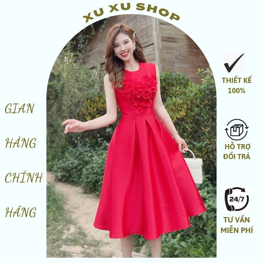 Đầm dự tiệc Tafta đỏ phối hoa nổi cực đẹp - XU XU SHOP - Váy nữ thiết kế sang trọng đi sự kiện, đám cưới quá nổi bật
