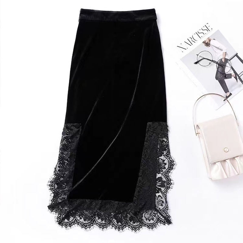 Hàng Có Sẵn!✨Chân Váy Nhung Lưng Cao Co Giãn Phối Ren Thời Trang Thu Đông Kiểu Mới