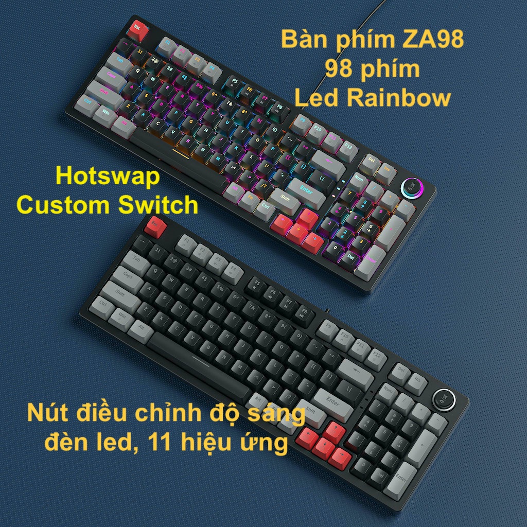 Bàn phím cơ ZA98 98 phím có HotSwap có đèn nền RGB 11 hiệu ứng sáng nút vặn điều chỉnh độ sáng tặng kèm 5 keycap