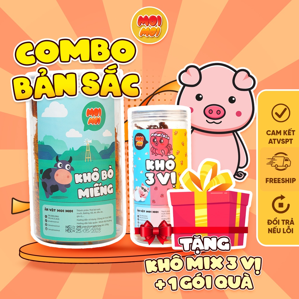 Combo Bản Sắc Đồ Ăn Vặt 2 sản phẩm: Khô bò miếng 250g - Khô mix 3 vị 300g + Tặng 1 Phần Quà - Đồ ăn vặt MoiMoi Hà Nội