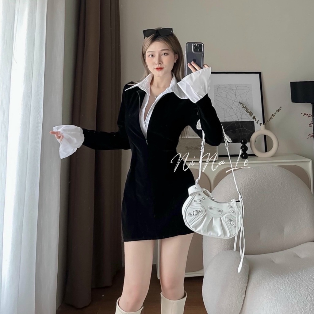 Đầm body đen cổ sơ mi tay loe siêu xinh
