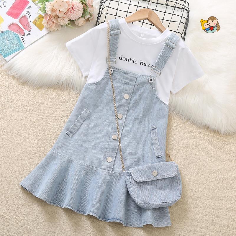 Set Áo Thun Tay Ngắn Dáng Rộng + Váy Yếm Denim Xinh Xắn Cho Bé Gái 5-6 - 7-8 - 10-12 - 13-14 - 15 Tuổi