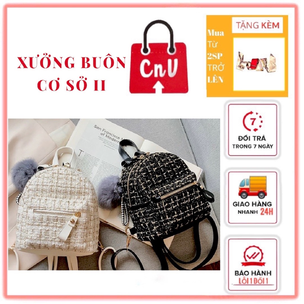 Balo mini, balo du lịch, balo dạ thời trang tặng kèm quả bông thời trang hàn quốc mã CNV2
