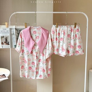 Pyjamas lụa cao cấp cộc tay họa tiết hoa hồng leuleu.lingerie