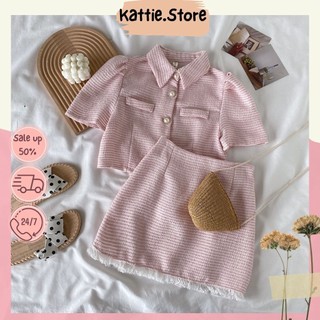 Set 2 món áo váy dạ sweet màu hồng dáng croptop cạp chun co dãn