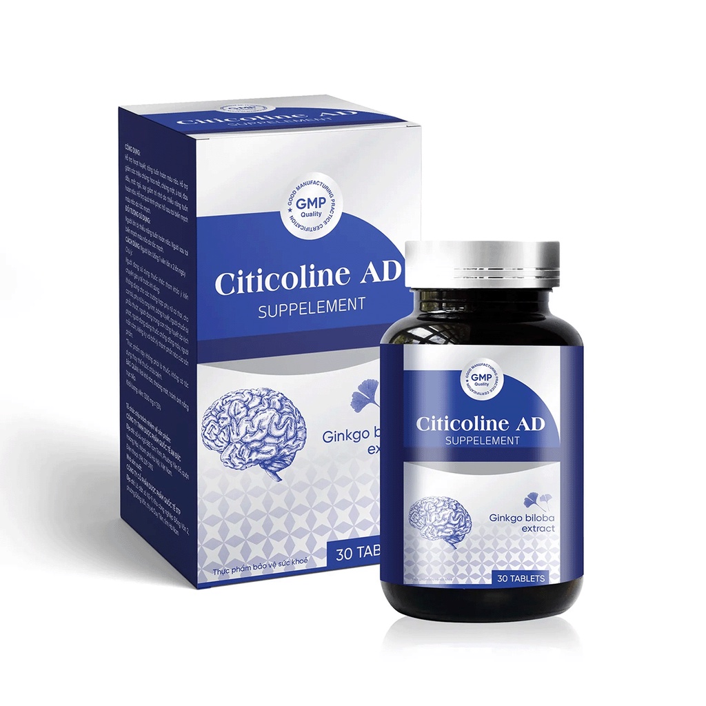 Viên Uống Bổ Não, Citicoline AD Supplement Ginkgo biloba, Tăng Cường Trí Nhớ, giảm đau đầu, lưu thông máu não - Hộp 30 v