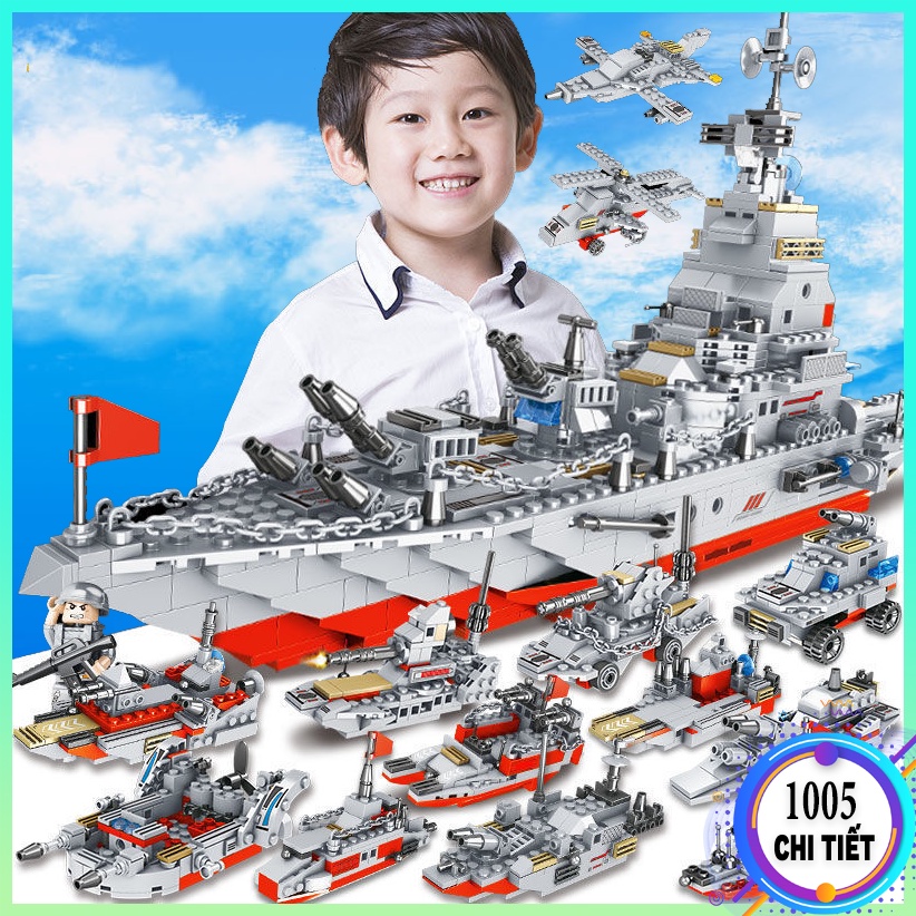 Bộ đồ chơi lắp ráp LEGO Tàu Chiến Hạm TC 1005 chi tiết kèm xếp hình lego máy bay, xe tăng, lính swat