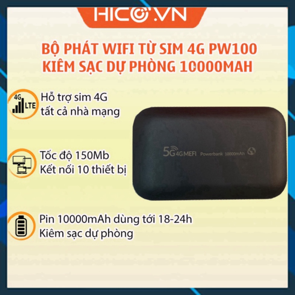Bộ Phát Wifi 4G Poket PW100 Tốc Độ 150 Mbps Dung Lượng Pin 10000 mAh Kiêm Sạc Dự Phòng, Thiết Bị Phát Wifi Từ Sim - Giảm