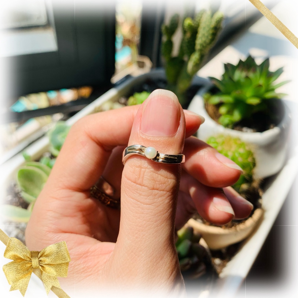 N5.1323 Nhẫn bạc đính Tr.ai A.koya nhí phối v.àng cực víp + HỘP NHUNG | 2hand |