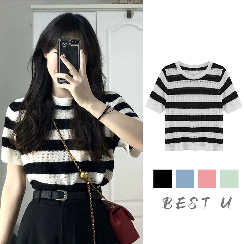 BEST U Áo Dệt Kim Ngắn Tay Cổ Tròn Sọc Ca Rô Thời Trang Hàn Quốc Cho Nữ