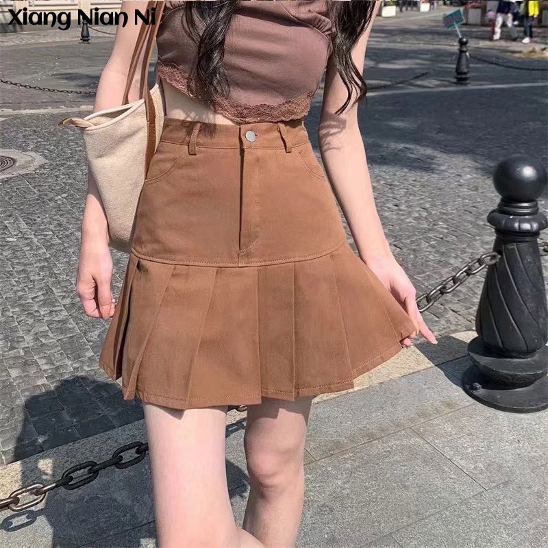 Chân váy jean Xiang Nian Ni dáng chữ A lưng cao xếp ly thời trang mùa hè cho nữ