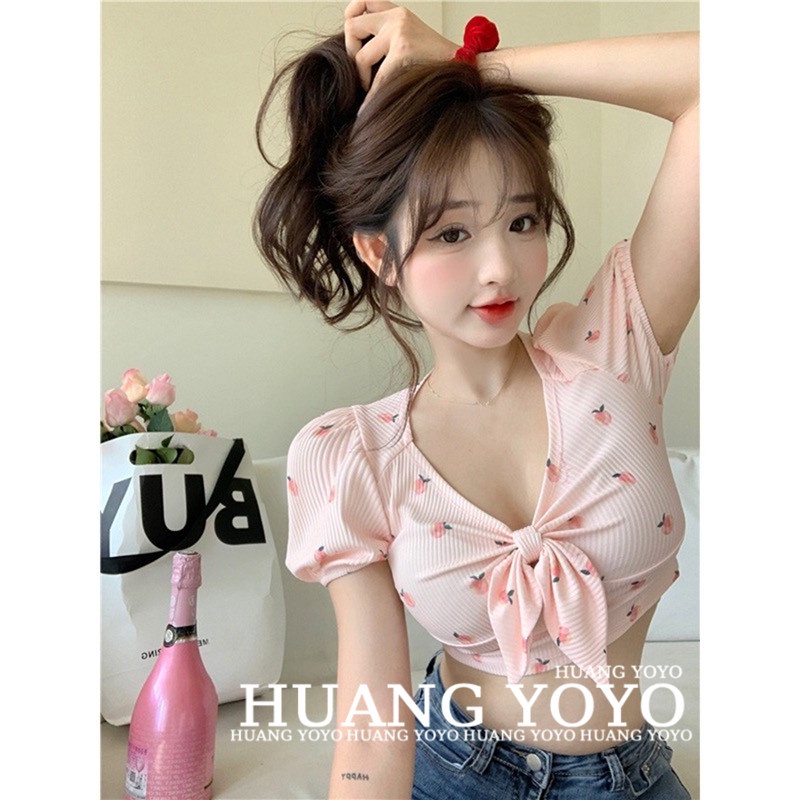 Áo Thun Nữ Ngắn Tay Cổ Chữ V In Hình Quả Đào Đính Nơ Thời Trang Hàn Quốc