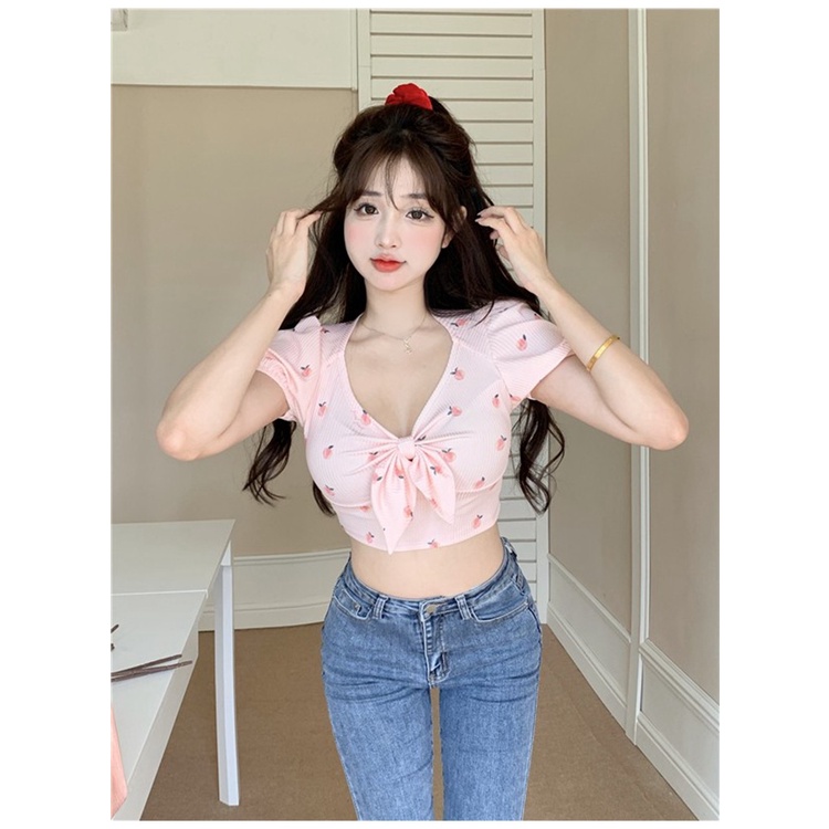 Áo Thun Nữ Ngắn Tay Cổ Chữ V In Hình Quả Đào Đính Nơ Thời Trang Hàn Quốc