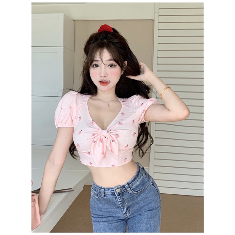 Áo Thun Nữ Ngắn Tay Cổ Chữ V In Hình Quả Đào Đính Nơ Thời Trang Hàn Quốc