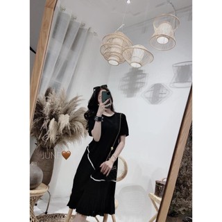 Váy bầu cao cấp chất cotton mát mềm mịn thấm hút mồ hôi kết hợp chân kẻ dập ly( free size 43~70kg)