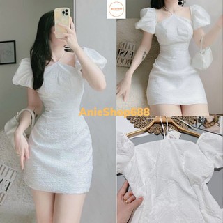 Đầm trắng hoa gấm - Váy trắng cổ yếm hở vai tiểu thư, sang chảnh, tay bồng nhẹ mix cổ yếm, hàng đẹp gấm cao cấp ANIESHOP