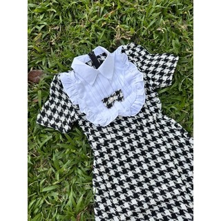 ĐẦM MINI DẠ PHỐI CỔ BÈO TRẮNG ĐÍNH NƠ
