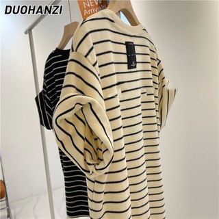 DUOHANZI  Áo Thun Cotton Tay Ngắn Họa Tiết Kẻ Sọc Đơn Giản Thời Trang Mùa Hè Mới Cho Nữ