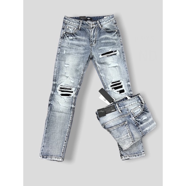 Quần jean bò nam slimfit wash xanh khói rách xước chỉ đùi gối vá vải nhăn đen phối ống loang sóng