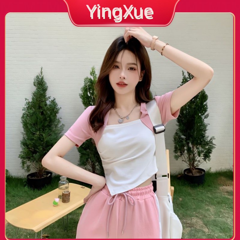 2023 Phong Cách Mới áo Thun Không đều Lau Quần ống Rộng Phong Cách Thể Thao Bình Thường Màu Hồng Hot Girl Phù Hợp Với Nữ