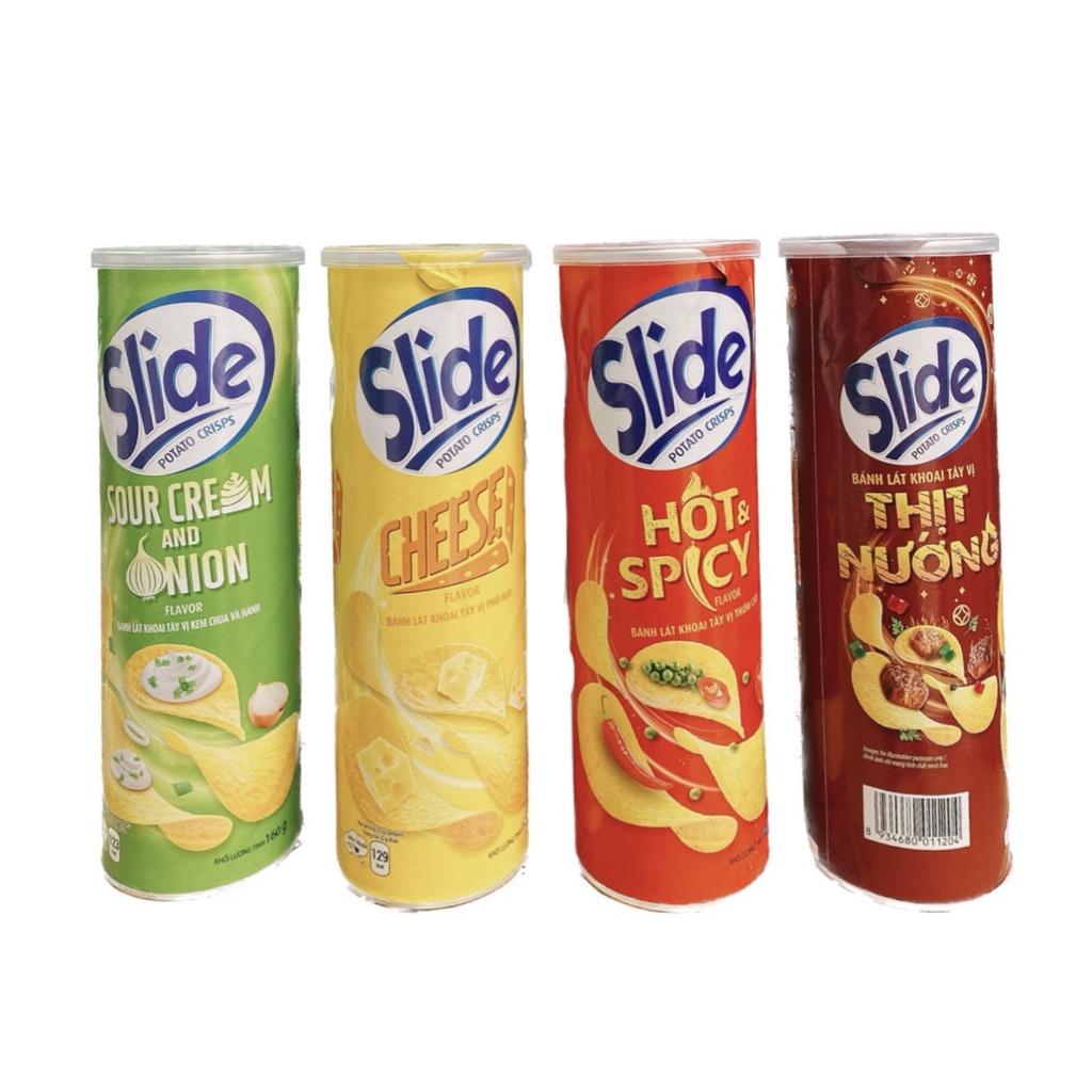Combo 4 lon  Snack khoai tây chiên Slide vị thịt nướng, phô mai, bơ hành, đậu hòa lan ớt (Date mới 12 thán