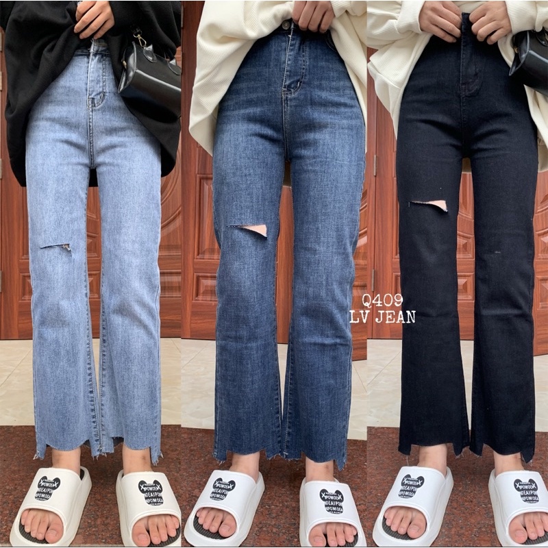 Quần Ống Đứng Dài 103cm, Đen/ Xanh Nhat/ Xanh Đậm, Rách Gối, Lưng Cao Qua Rốn, Co Giãn Mạnh