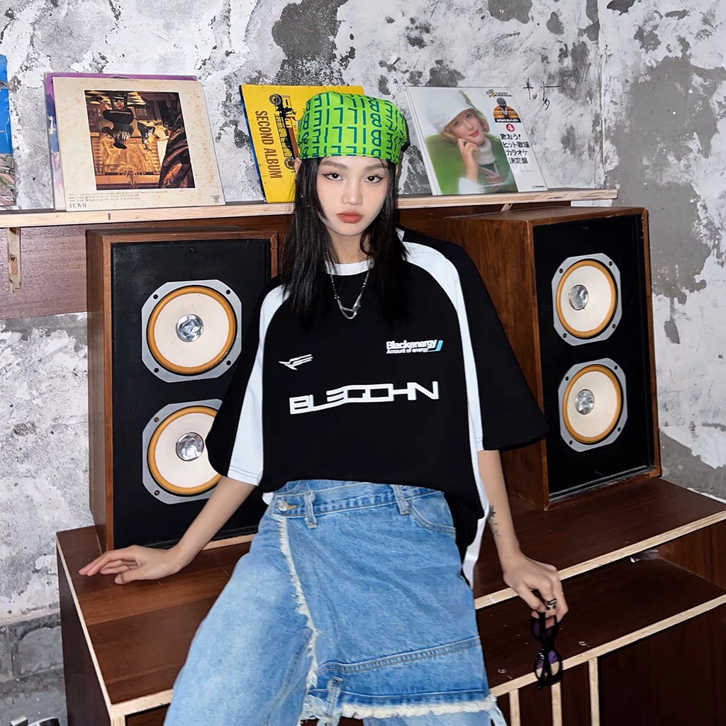 Áo thun racing tay lỡ cotton 100% Boin Unisex Oversize from rộng Blackenery phối màu trắng đen độc đáo cực treding