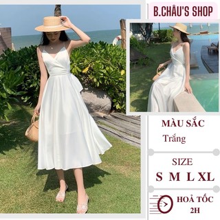 [HÀNG QC 40-65 KG] Đầm nữ trắng hai dây hở lưng thanh thuần dễ thương | Váy hai dây dự tiệc dáng dài xinh xắn nhẹ nhàng