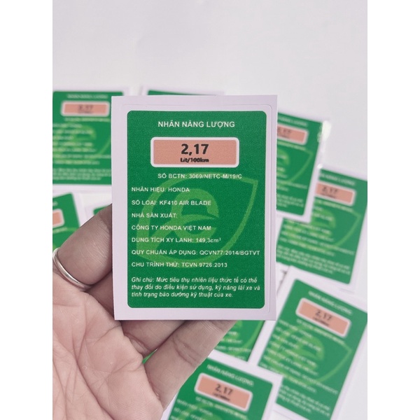 Tem năng lượng xanh lá, thông số dè trước, nhãn năng lượng xe máy