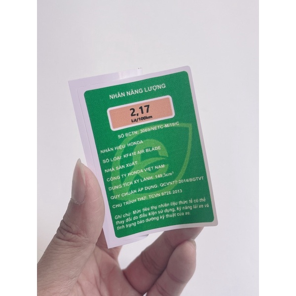 Tem năng lượng xanh lá, thông số dè trước, nhãn năng lượng xe máy