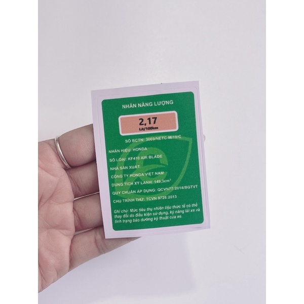 Tem năng lượng xanh lá, thông số dè trước, nhãn năng lượng xe máy