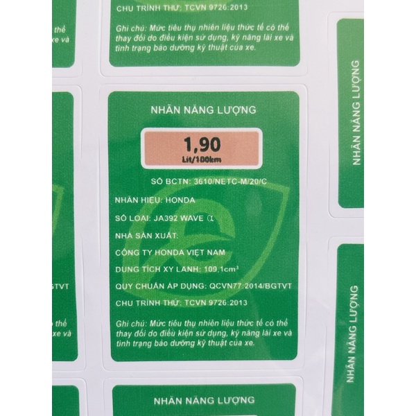 Tem năng lượng xanh lá, thông số dè trước, nhãn năng lượng xe máy