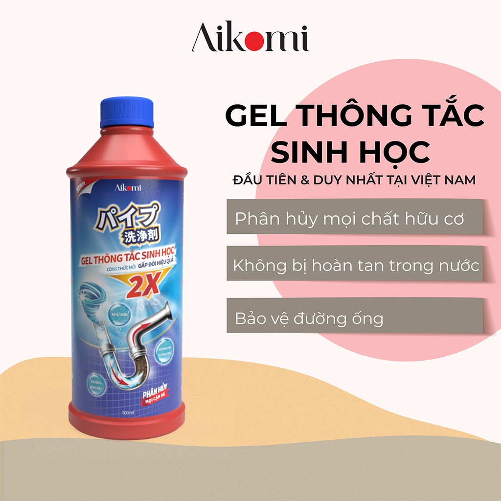 Gel thông tắc sinh học AIKOMI làm sạch đường ống, vệ sinh cống, bồn rửa bát, nhà vệ sinh không bị hòa tan trong nước
