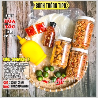 Combo 2 tặng muối tép - bánh tráng phơi sương 300g - muối tép hành - tóp mỡ - sốt tắc - siêu bơ 300g - bánh tráng tipo