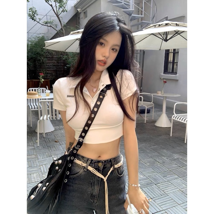 Áo croptop khuy bấm sexy | Áo polo croptop ngắn tay ôm ngực trắng thanh thuần kiểu dáng năng động