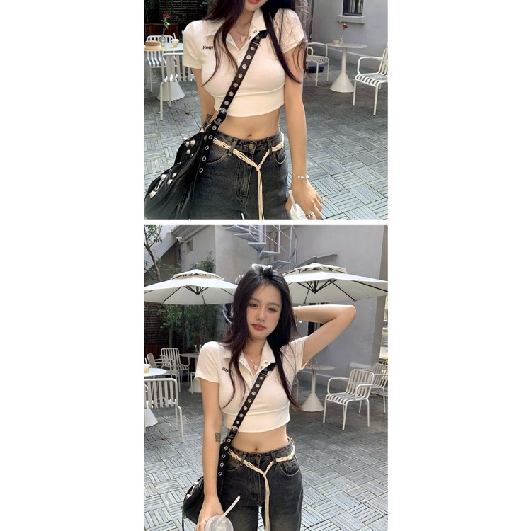 Áo croptop khuy bấm sexy | Áo polo croptop ngắn tay ôm ngực trắng thanh thuần kiểu dáng năng động