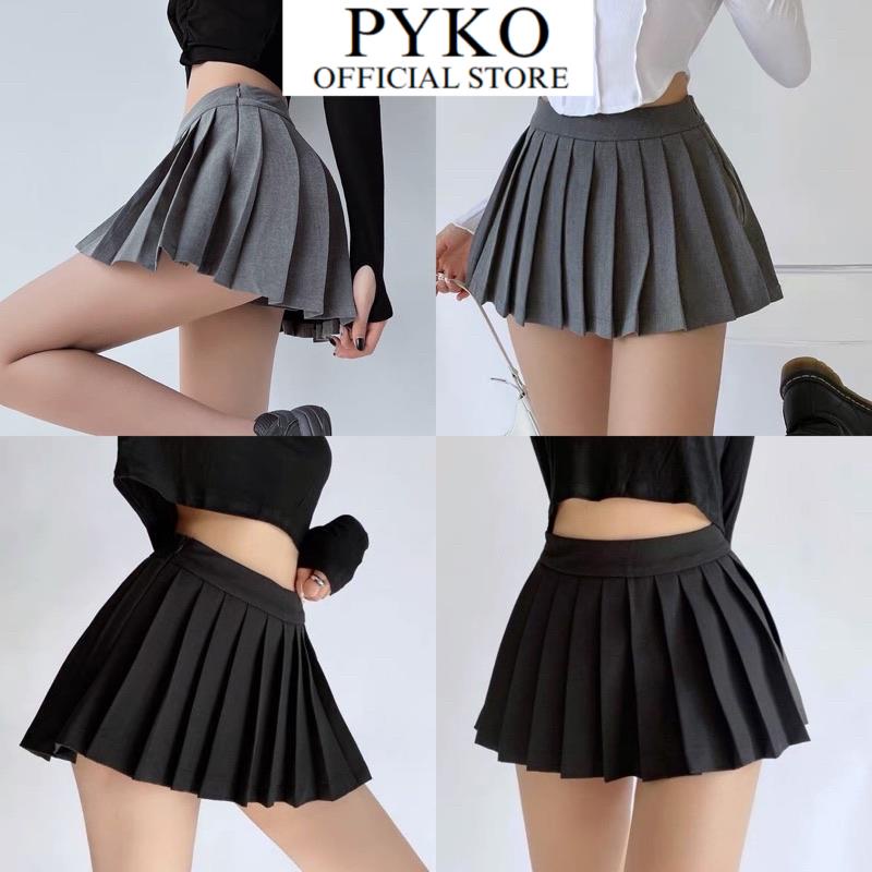 Chân váy xếp ly xoè vạt sau phủ mông Pyko có 3 màu Trắng/Đen/Xám