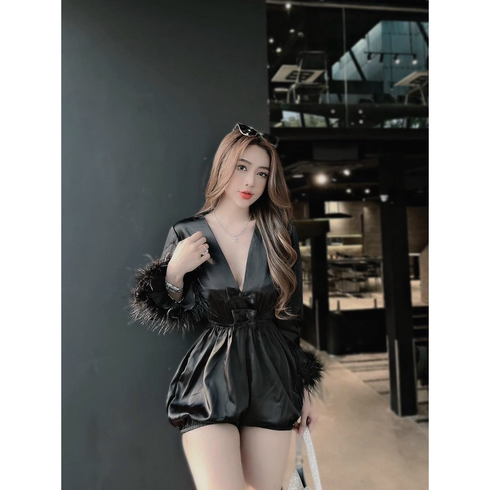 Jum lụa phi bóng cổ chữ V ết nơ ngực tay phối lông sang trọng